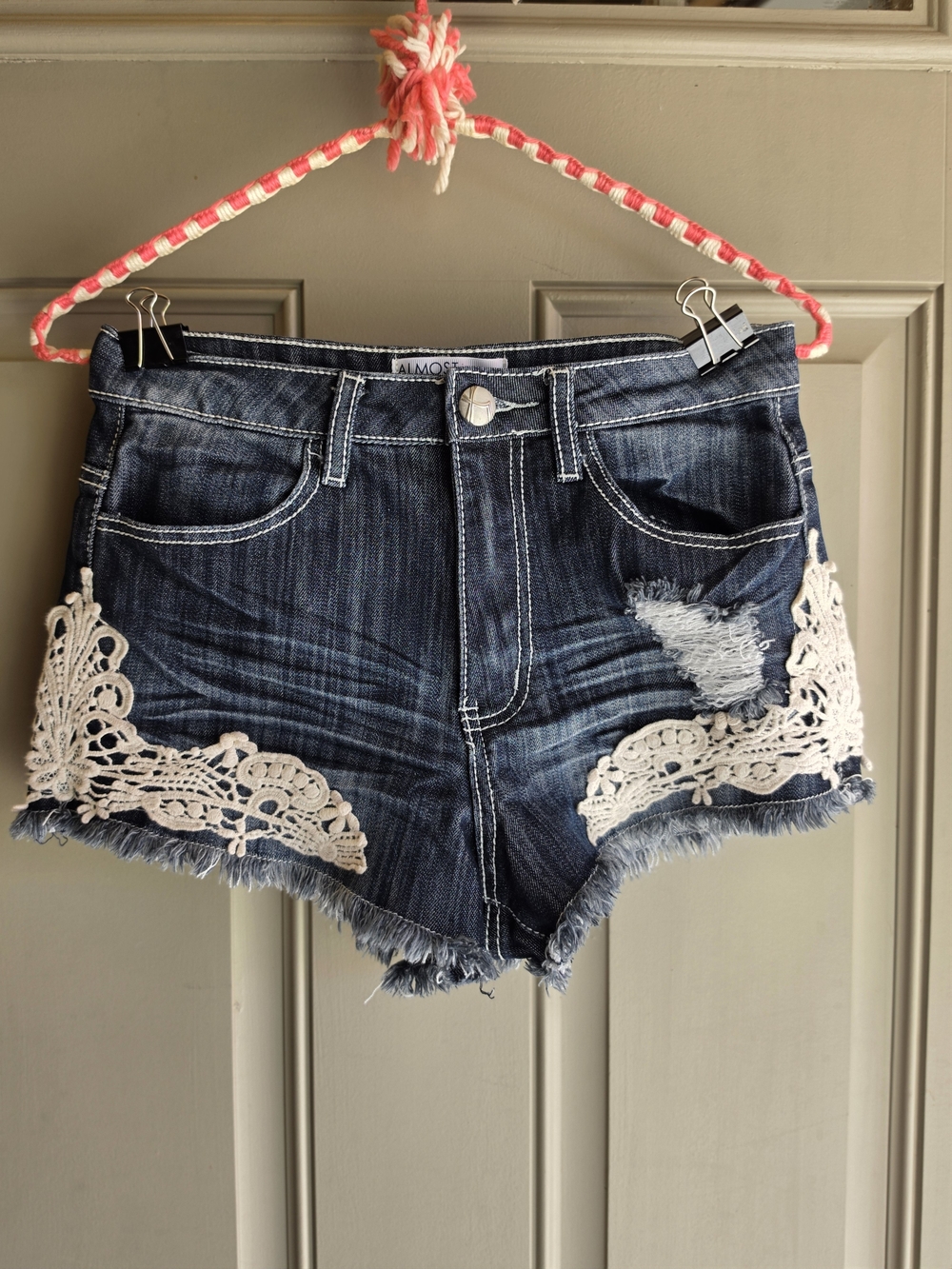 Almost Famous Dark Blue Denim Shorts with Cream Crochet Trim